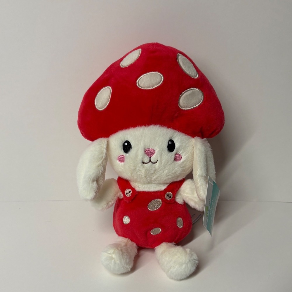 Way to Celebrate Mushroom Bunny Plush Red Polka Dot Hat Overalls White Rabbit 9"